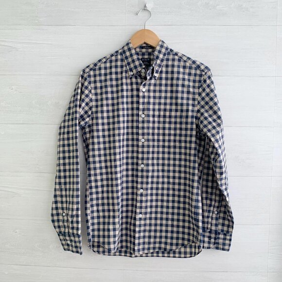 NWT J.Crew Factory Flex Washed Navy & beige Slim Untucked button collar shirt, S - Picture 1 of 5